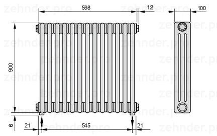 Схема (чертеж) Радиатор Zehnder Charleston 3090/13 №3570 Белый глянцевый RAL 9016